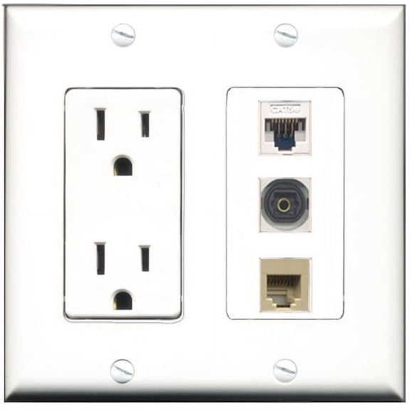 RiteAV - 15 Amp Power Outlet 1 Port Phone Beige 1 Port Toslink 1 Port Cat5e Ethernet White Decorative Wall Plate
