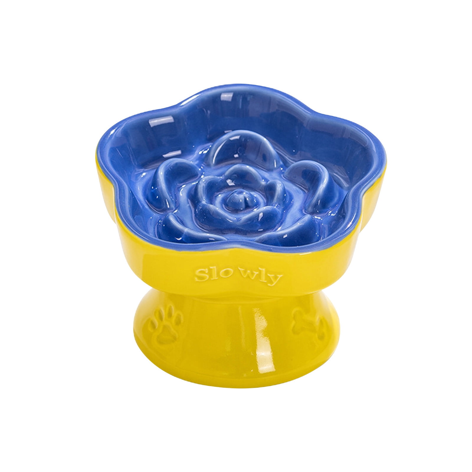 Raised Slow Feeder Cat Bowl,Ceramic Elevated Food Bowl Small Dogs Slow Feeder, Flower Shaped Cute Cat Dish for Dry and Wet Food (C,5.9")