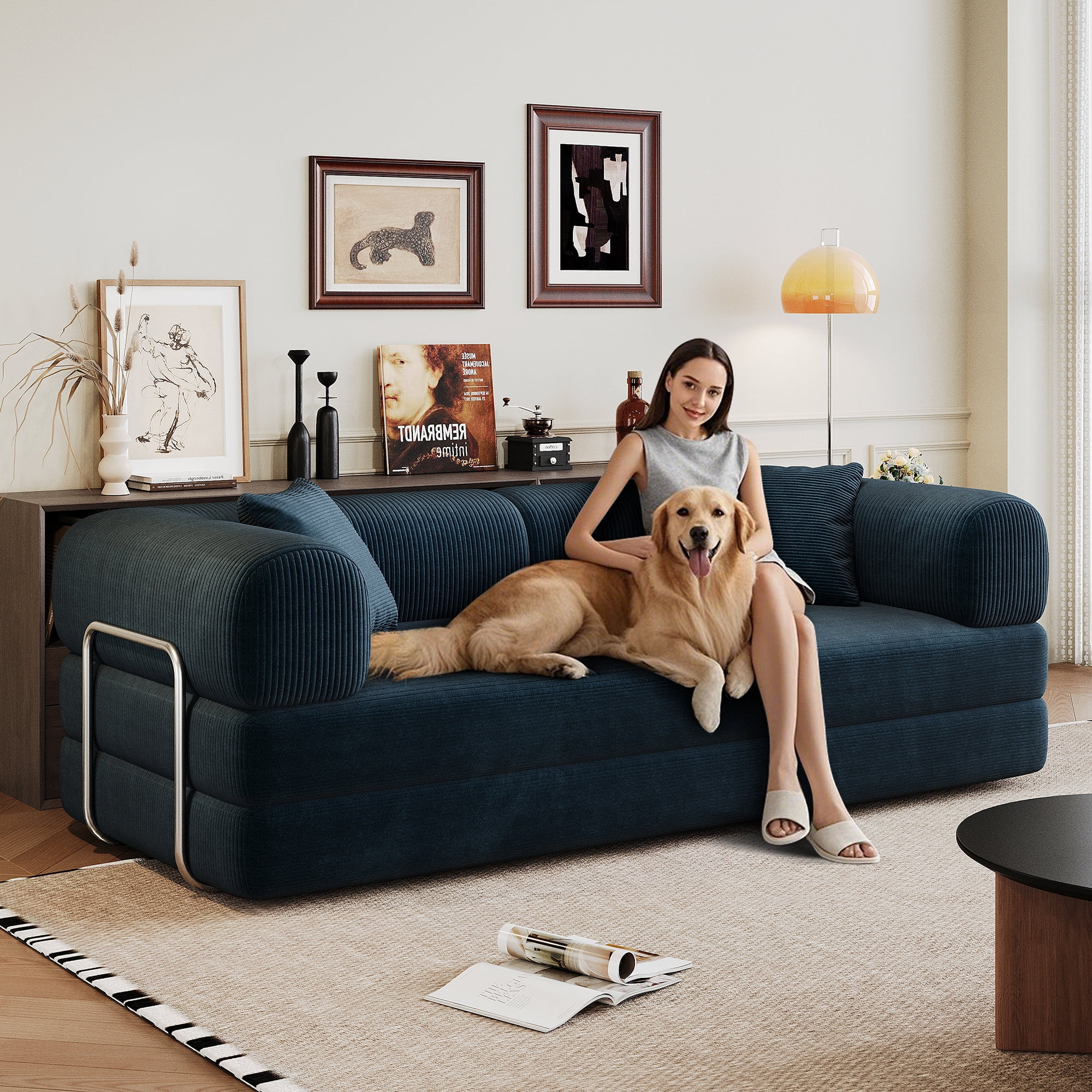 Miniyam 79" Compression Sofa, Convertible Floor Sofa Bed-with Pillow Back Support Armrest for Living Room, Bedroom, Blue