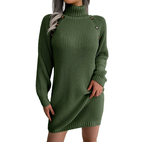 Sweater Womens Midi Dress Casual Long Sleeve Solid Knit Turtleneck Long Puff Sleeve Bodycon Dress