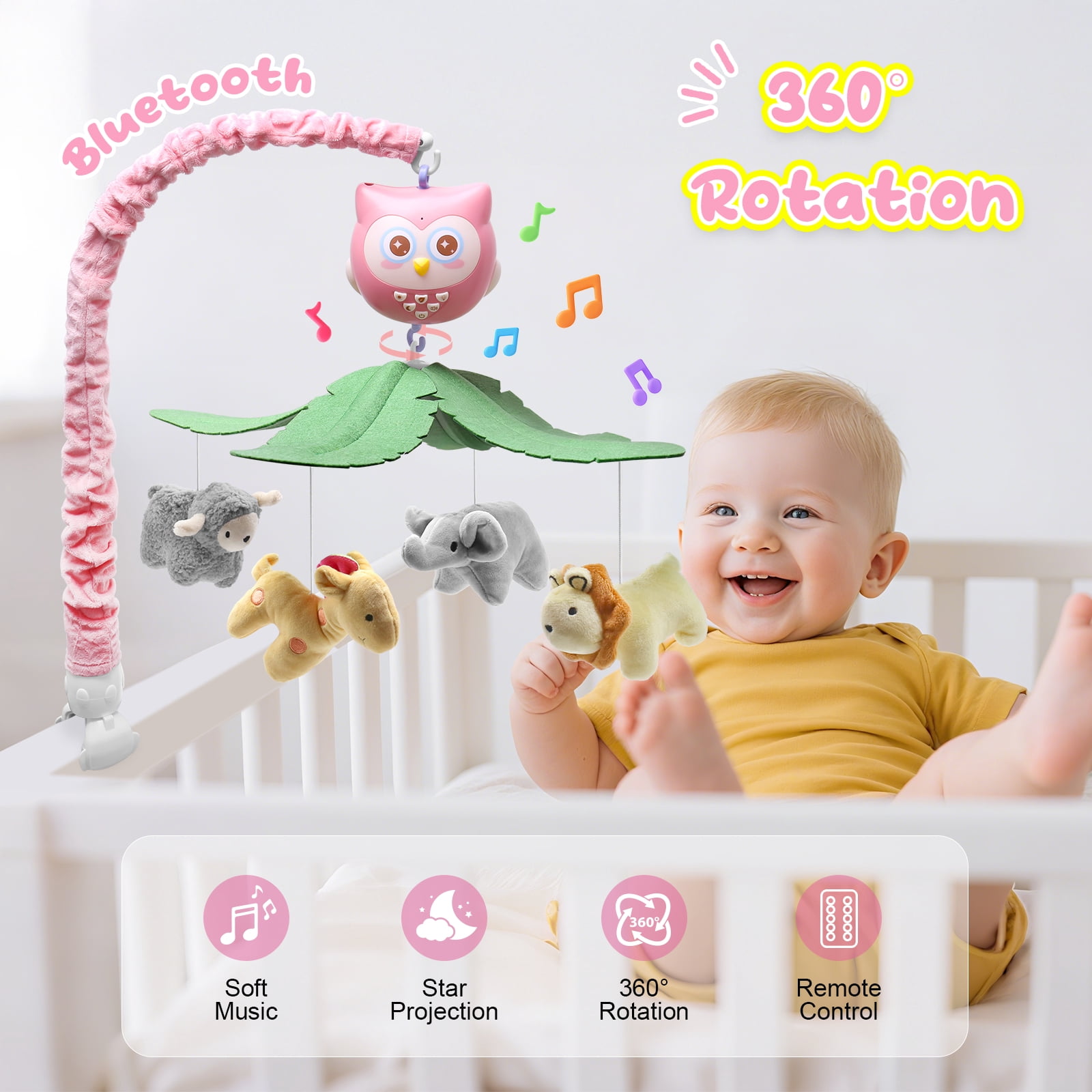 SUMWE Baby Crib Mobile with Music and Lights for Boys Musical Mobile Animals for Crib Bassinet Girls Toys Hanging Portable Safari Nursery Decor Pink