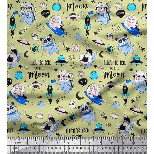 Soimoi Polyester Crepe Fabric Planet,Rocket & Astronaut Animals Cartoon Printed Fabric 1 Yard 52 Inch Wide