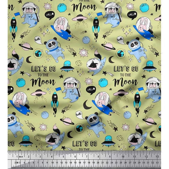 Soimoi Viscose Chiffon Fabric Planet,Rocket & Astronaut Animals Cartoon Print Fabric by Yard 42 Inch Wide