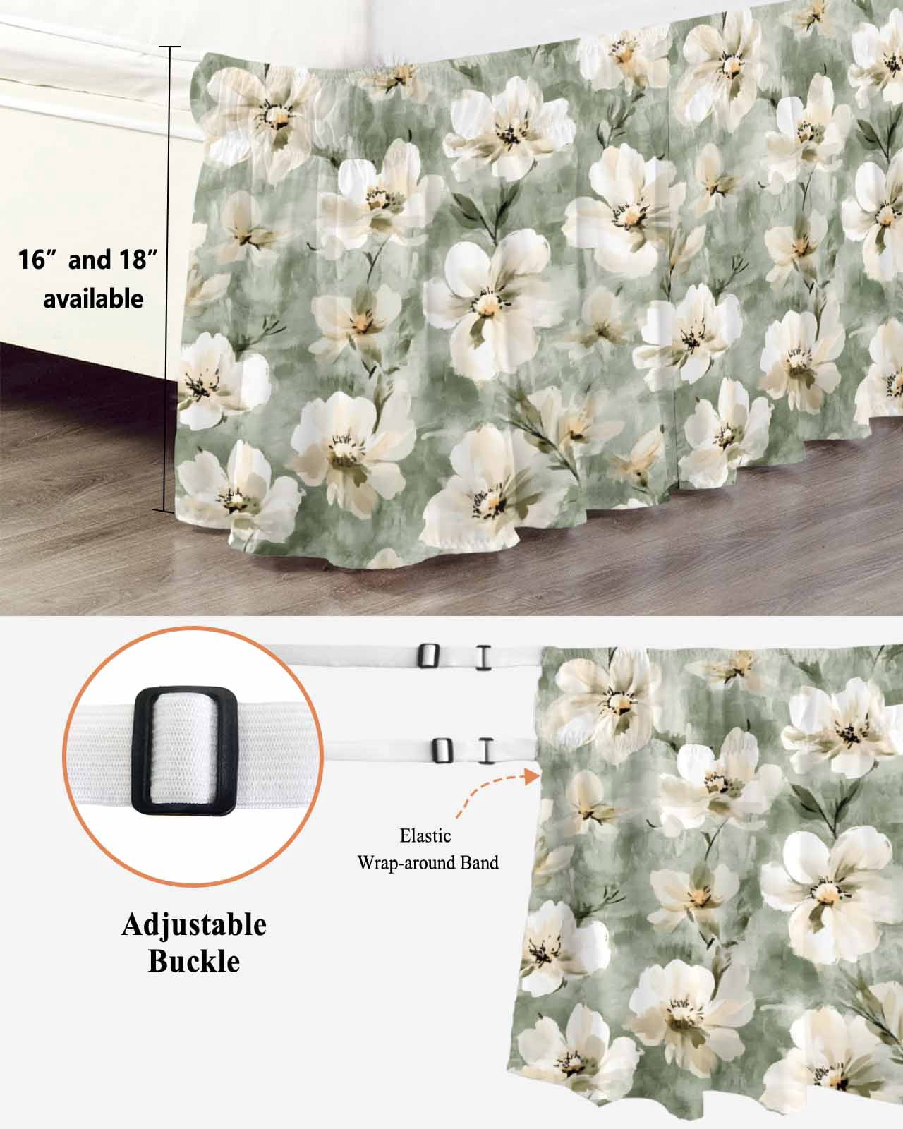 Sage Green Spring Floral Wrap Around Bed Skirts for King Bed 16" Drop, Bed Skirt with Adjustable Elastic Belt Dust Ruffle Bed Valance for Bedroom Hotel Luxury Summer Botanical Flowers Bed Frame Cover