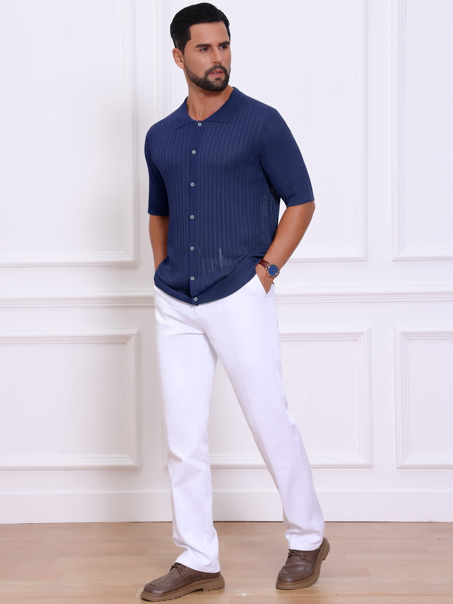 DARING DIVA Men's Striped Summer Short Sleeve Knitted See Through Shirts S Dark Blue