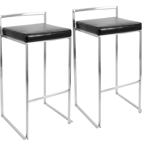 Set of 2 Black Faux Leather Stackable Bar Stools, Contemporary Padded Counter Height Stools for Kitchen Island, Dining & Entertainment