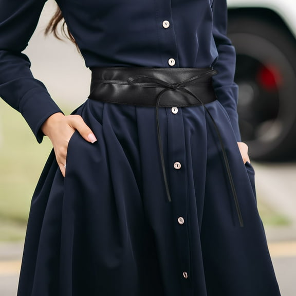 FUEENIRVA 1Set Wide Black Pu Leather Cinch Belt For Dresses Skirts Sweaters Coats