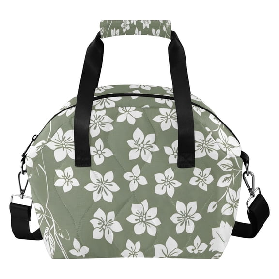 Olive Green with White Flowers Insulated Lunch Bag Reusable Quilted Lunch Box Waterproof Leakproof Lunch Container