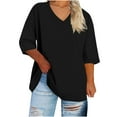 thumbnail image 3 of Bovxnpu 3/4 Length Sleeve Womens Tops, Plus Size Cotton Casual Blouses for Women, Women's Oversized V-neck Short Sleeved Solid Summer Base Shirt Sports T-shirt XXXXL, 3 of 6