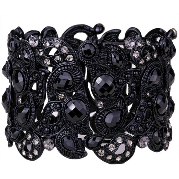 Black Floral Pattern Stretch Cuff Bracelet for Women Fit Wrist Circumference 6 to 7.5 inch