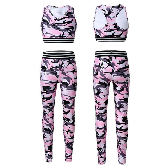inhzoy Girls Kids 2 Piece Sports Outfits Camouflage Printed Crop Tops and Leggings Set