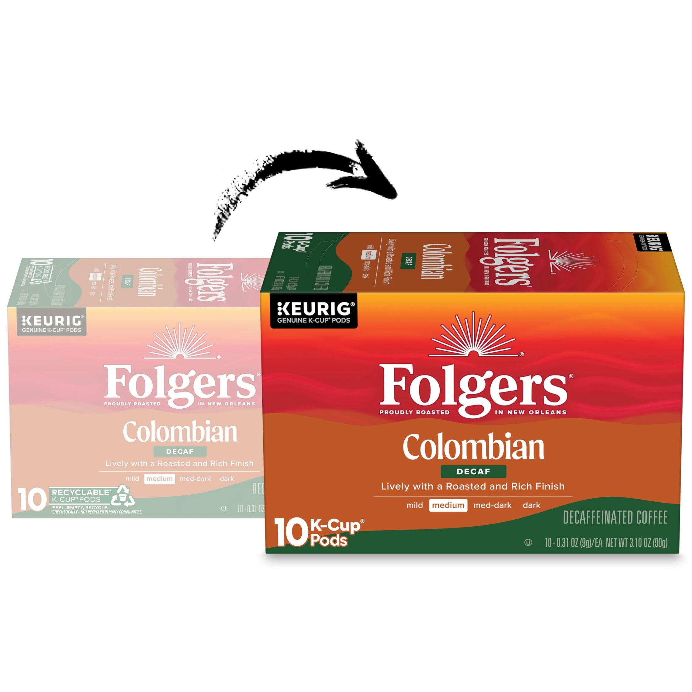 (2 pack) Folgers Colombian Decaf Coffee, Medium Roast, Keurig K Cup pods, 10 Count Box
