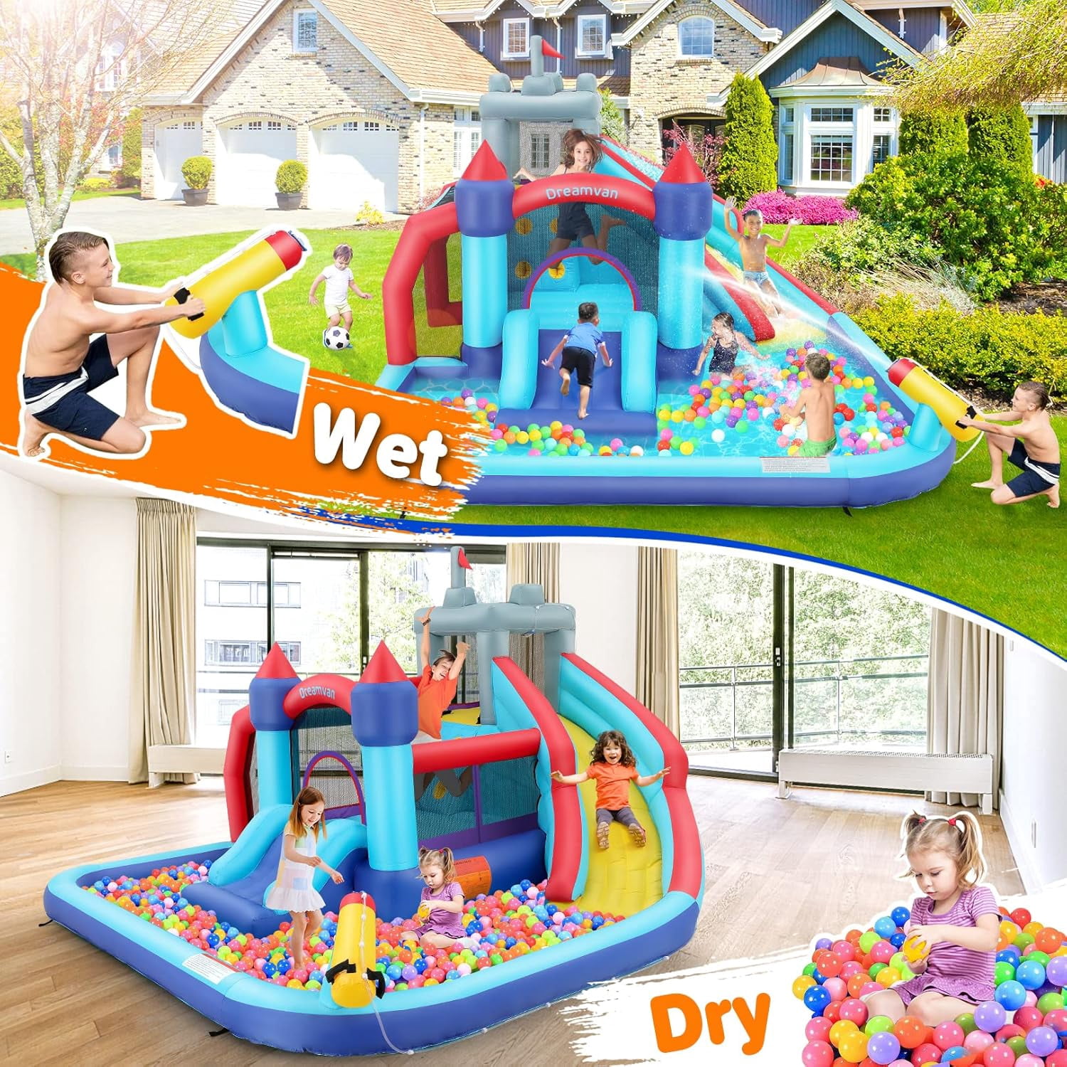 Veeboto Inflatable Bounce House for Toddlers with Blower, Inflatable Water Slide with Bouncing Slides, Climbing Wall, Bouncing Area, Basketball Hoop, Water Gun, Inflatable Castle with Football Area