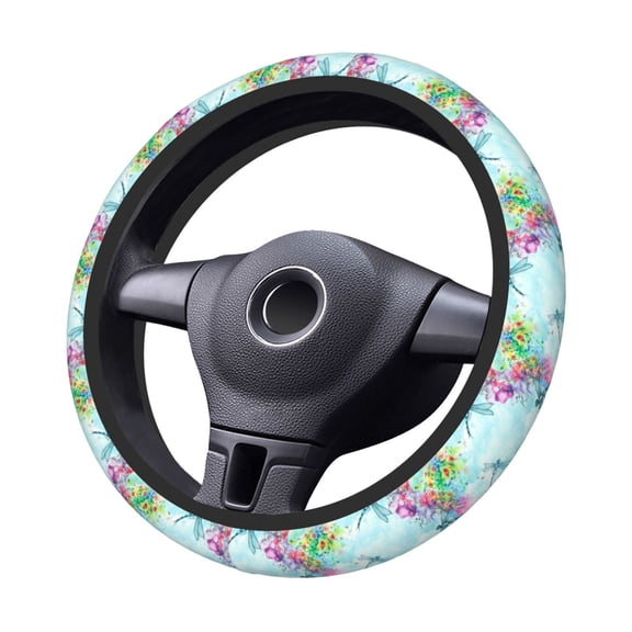 Kdxio Dragonfly Floral Print Elastic Stretch Steering Wheel Cover,Auto Steering Wheel Cover,15 Inch Anti-Slip,Warm in Winter and Cool in Summer,Fit Suvs,Vans Cars,Trucks