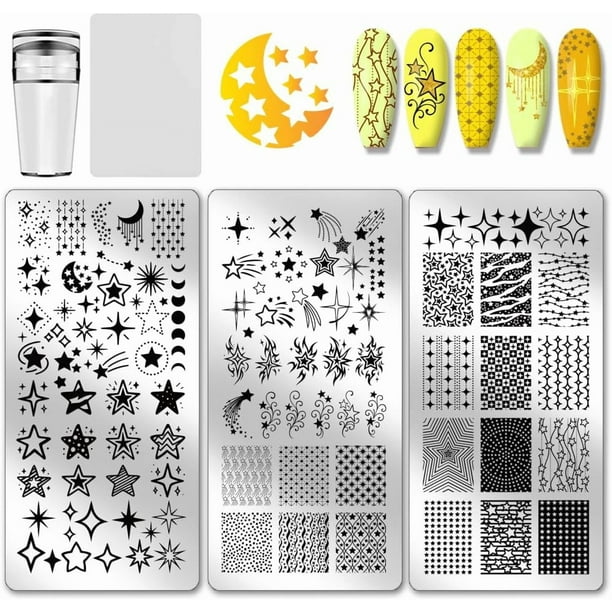Juego de 3 placas de estampado de uñas con diseño de estrellas y lunas, estrellas fugaces, pentagramas y cielo nocturno.