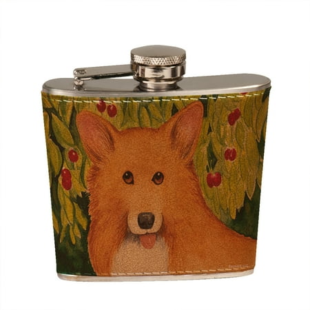 - KuzmarK 6 oz. Leather Flask Set in Black Presentation Box - Welsh Corgi with Cherries Art by Denise Every