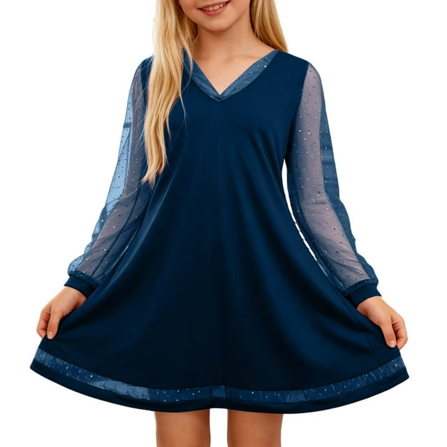 HXWCHs Robe Trapèze Filles Manches Longues Col en V Robe de Fête Performance Tenue Élégante Formelle pour Marine 11-12 Ans