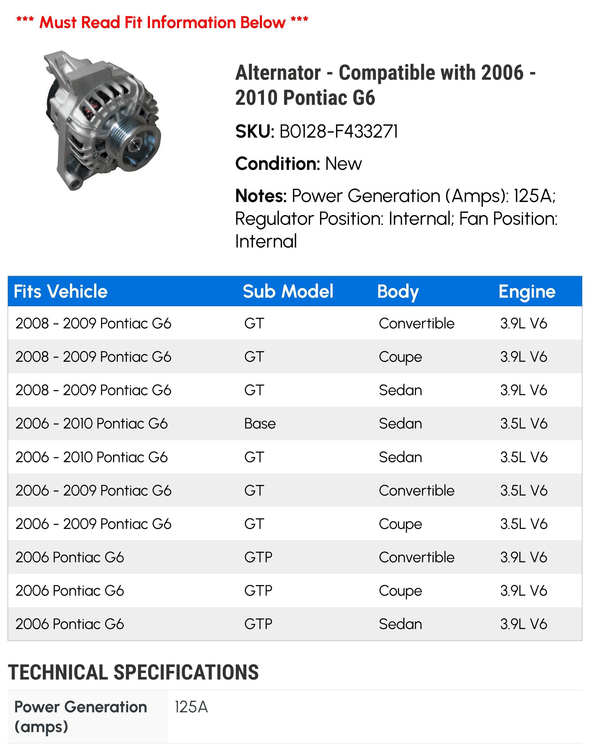 Alternator - Compatible with 2006 - 2010 Pontiac G6 2007 2008 2009