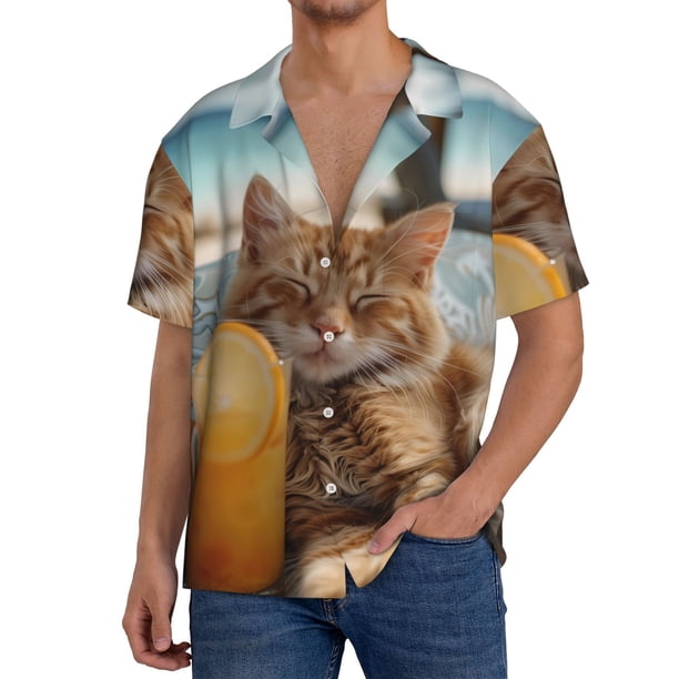 Balery Relaxing Cat With Orange Juice Camisa Casual de Manga Corta con Botones para Hombre, Texturizada, Estilo Cubano, para Playa, Verano-Small
