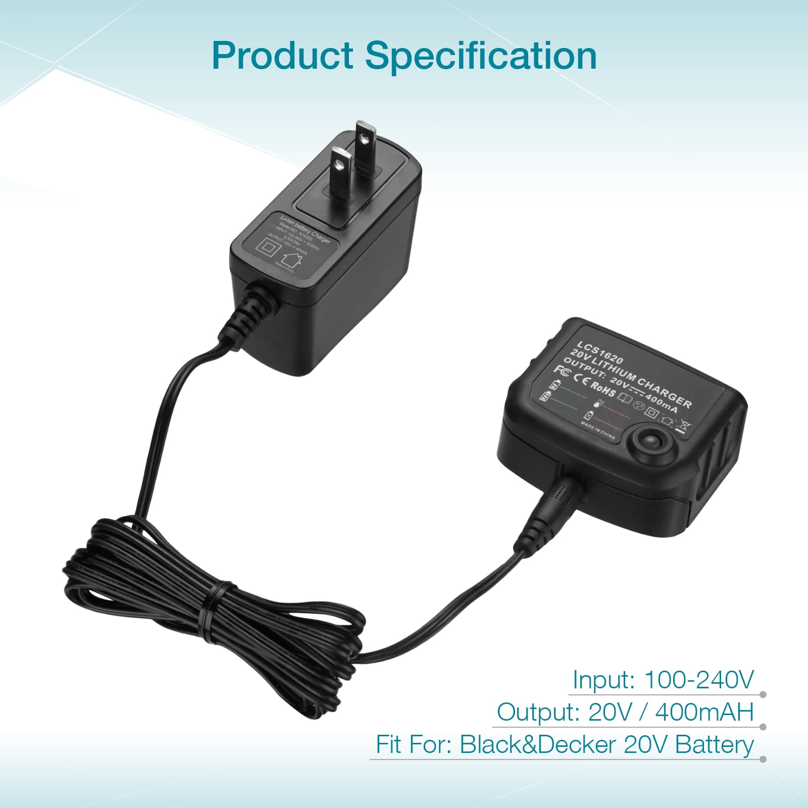 For Black + Decker Battery Charger, 20V Lithium-ion Battery Charger for Porter-Cable LBXR20 PCC685L LCS1620