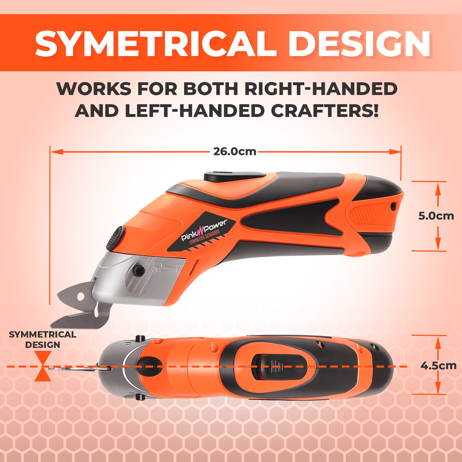 Pink Power Orange Cordless Electric Scissors – Rechargeable 4v 1500mAh Battery, Ergonomic Lightweight Design, Dual Blade for Fabric, Cardboard, Plastic, Crafts, Box, Sewing, Carpet, Scrapbooking