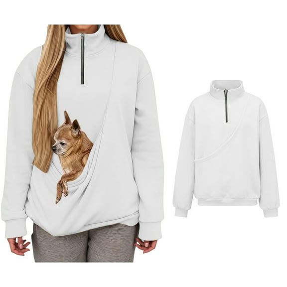 Women Sweatshirt With Dog Pouch Quarter Zip Dog Carrier Sweatshirt Casual Long Sleeve Oversized Pocket Pullover Shirt for Women Winter Clothes
