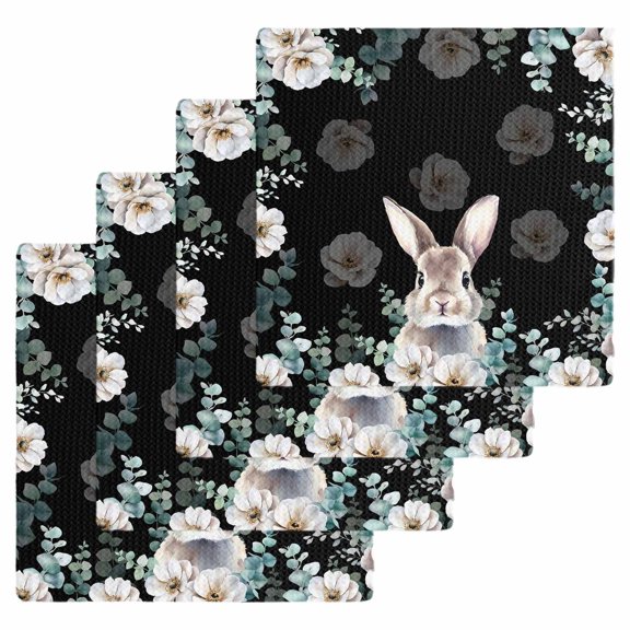 Easter Bunny Kitchen Dish Towels for Drying Dishes Set of 4, Eucalyptus Leaves Rabbit Flowers Black Waffle Weave Microfiber Hand Tea Bathroom Towels Quick Dry & Absorbent Towel 12x12
