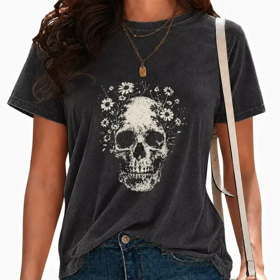UNISHE Womens Floral Skull Graphic Tees Acid Wash Vintage Wildflower Print T-Shirts Short Sleeve Streetwear Tops Black, S