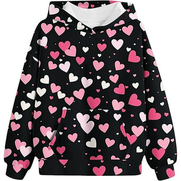 LIIPEE Girls Boys Hoodies Fall Winter Casual Cute Long Sleeve Love Heart Printed Pullover Hooded Sweatshirt With Pocket Toddler Sweet School Outdoor Play Casual Outings Hoodie,Black,2-3 Years