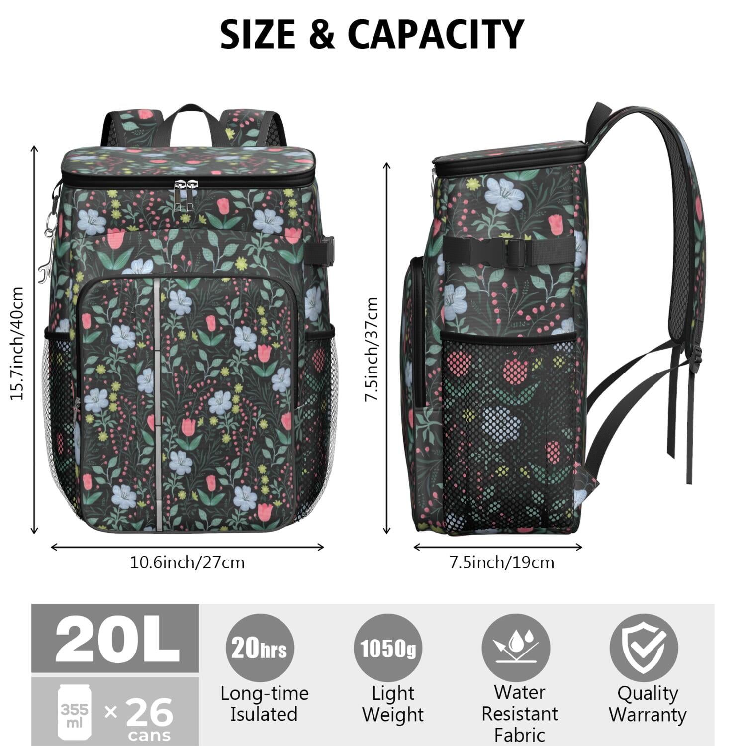 Travel Cooler Bag - Pioneer Flower Floral Print Pattern Camping Beer Cooler Backpack with Bottle Opener- Waterproof Insulated Picnic Backpacks - Cooler Bag for Beach