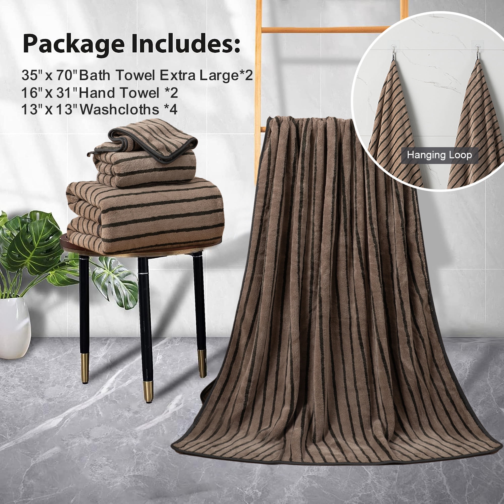 Jessy Home 8 Pcs Dark Brown Bicolor bar Stripe Large Bath Towels Set 2 Oversized Bathroom Towels, 2 Hand Towels, 4 Washcloths