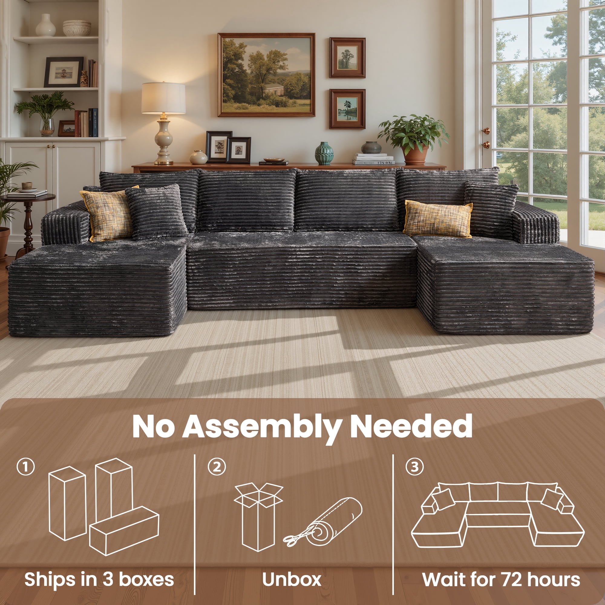 Ovios 134" Oversized U-Shaped Modular Sectional Sofa No Assembly Cloud Couch with Dual Chaise Plush Corduroy Boneless Sofa for Living Room, Gray