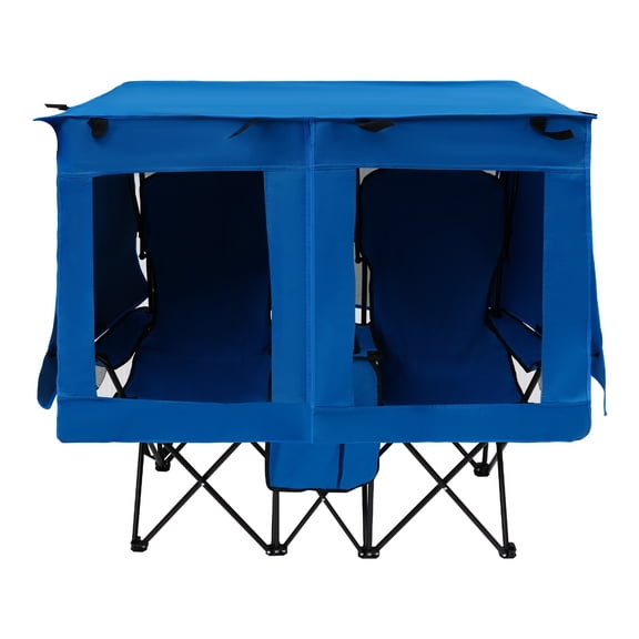 ToppiJoy Folding Camping Chair with Canopy and Carry Bag, 2-Person Heavy Duty Hold up to 600lbs, with Cup Holders & Cooler Pouch, for Beach, Fishing, Backyard (Blue)