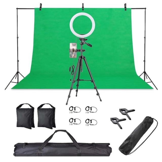 Yescom Photography Backdrop Tripod Kit with 10" LED Ring Light Green Background Screen