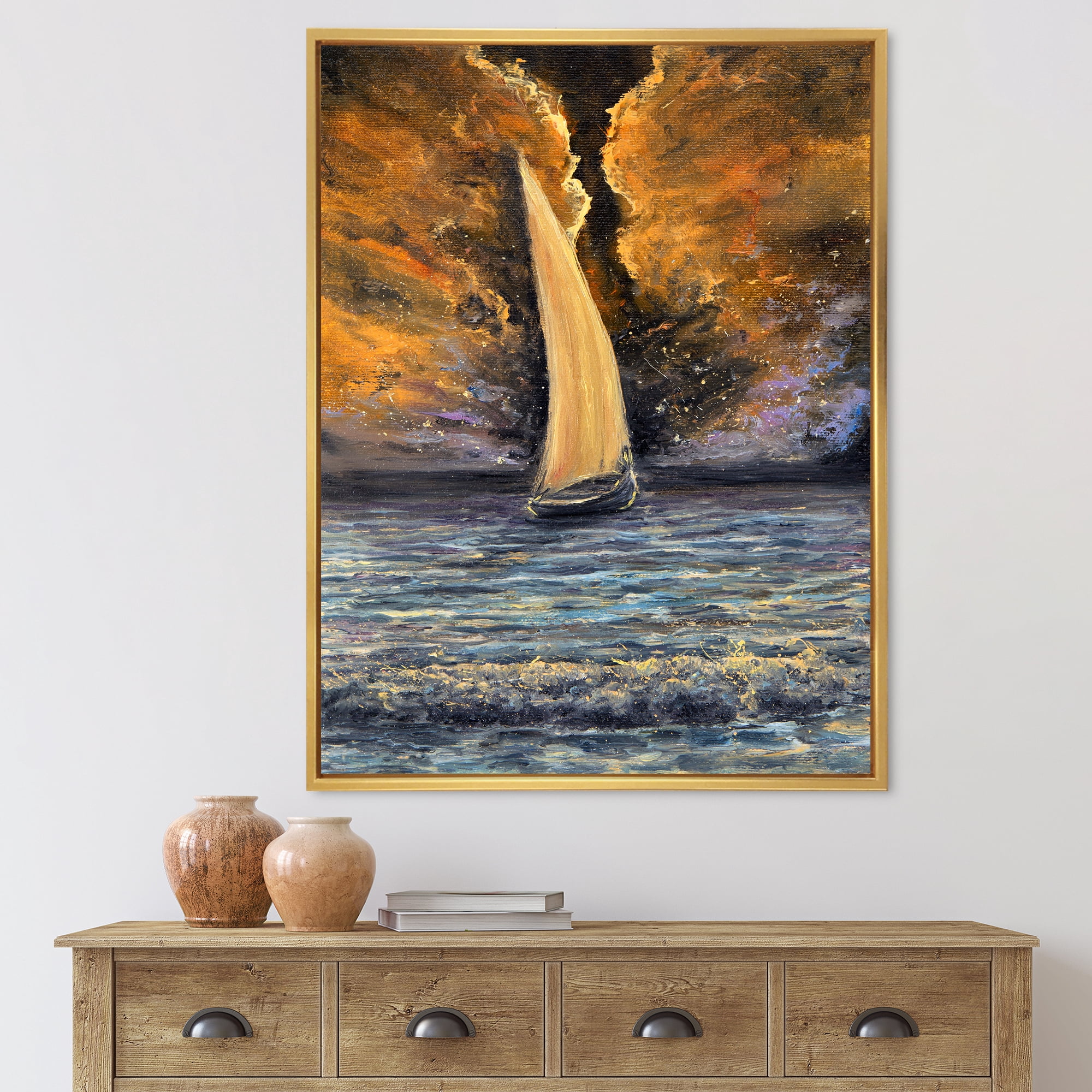 Designart 'Sailship On The Ocean At Morning' Nautical & Coastal Framed Canvas Wall Art Print