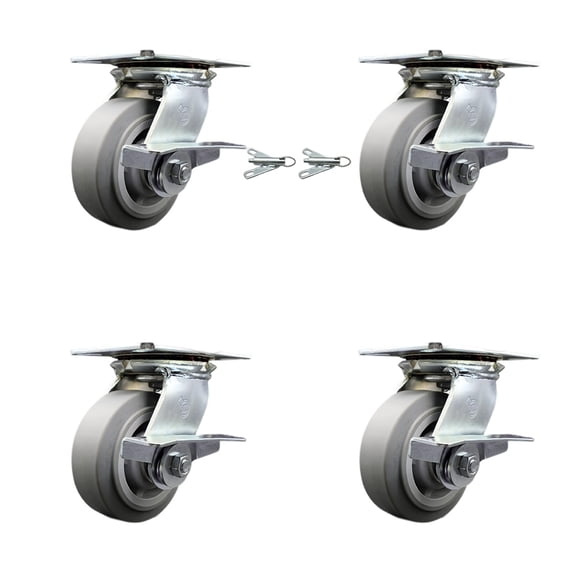 5 Inch Thermoplastic Caster Set with Roller Bearing 4 Brake and 2 Swivel Lock