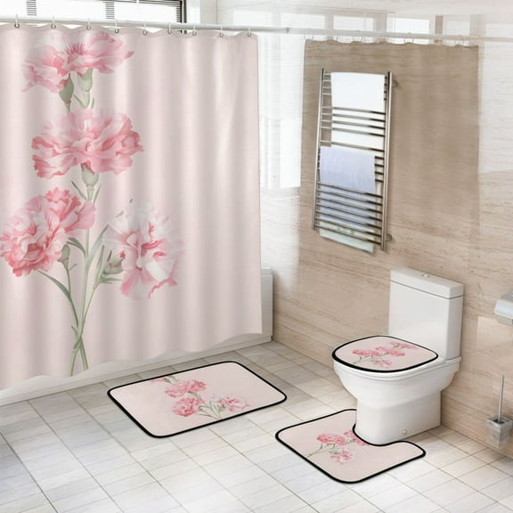 4 Pcs Pink Carnation Bathroom Shower Curtain Set with 12 Hooks Bath Mat Toilet Lid Cover