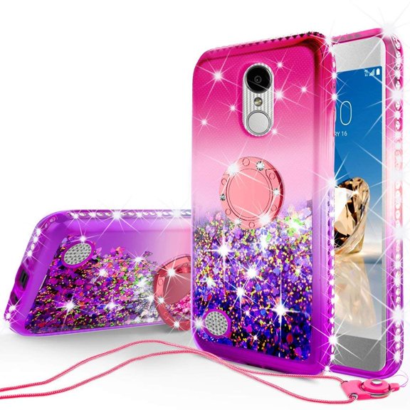SOGA Rhinestone Liquid Quicksand Cover Cute Girl Phone Case Compatible for LG LV3/Aristo/K8 (2017)/LG Rebel 3/Rebel 2/Fortune/Risio 2 Case,with Embedded Ring for Magnetic Car Mounts and Lanyard - Pink