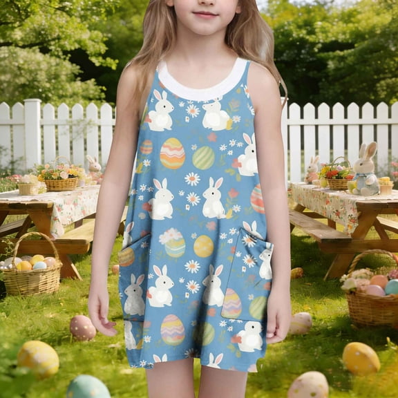 ATOGUTA Kids Dress Casual Summer Spaghetti Straps Easter Romper Dresses with Pockets for Kid Size 3T-10. Multicolor