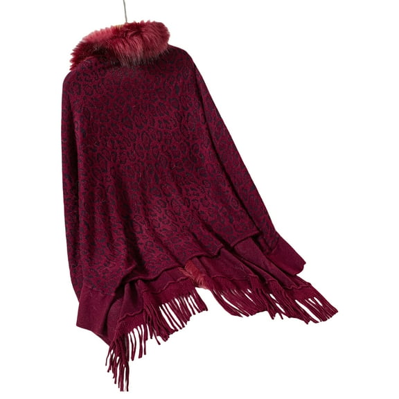 Knit Pattern Long Sleeve Shawl Wrap Open Front Sweater Ponchos for Women Winter Furry Collar Fringes Cardigan