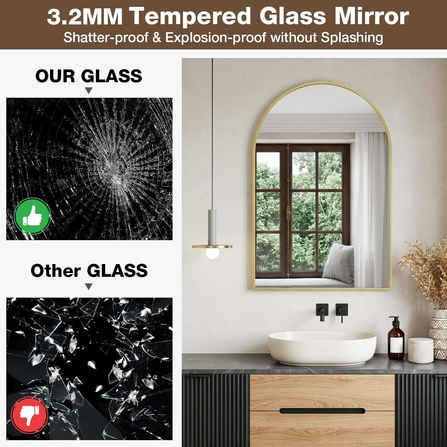GRAHMY 24"x 16" Arched Bathroom Mirror Metal Frame Vanity Mirror Wall Mounted, Gold