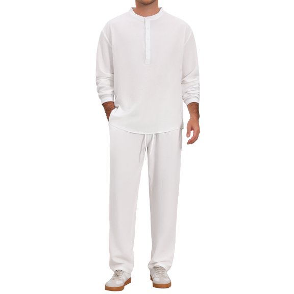 DARING DIVA Men's 2-Piece Linen Long Sleeve Beach Sets Shirt and Pants M White