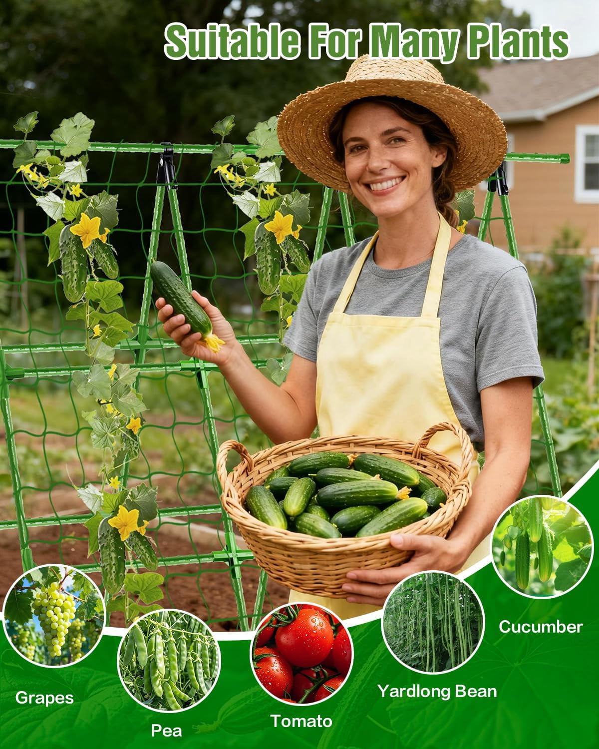 A-Frame Cucumber Trellis for Raised Beds, 47" Hx 57" L Adjustable Size, Garden Trellis for Climbing Plant Outdoors with Climbing Net and Plant Support Clip for Vegetable Vine Pea Bean Tomato