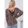 thumbnail image 3 of Women's Red V Cut Lace Patch Tie-up Ruffled Puff Sleeve Floral Blouse, 3 of 5