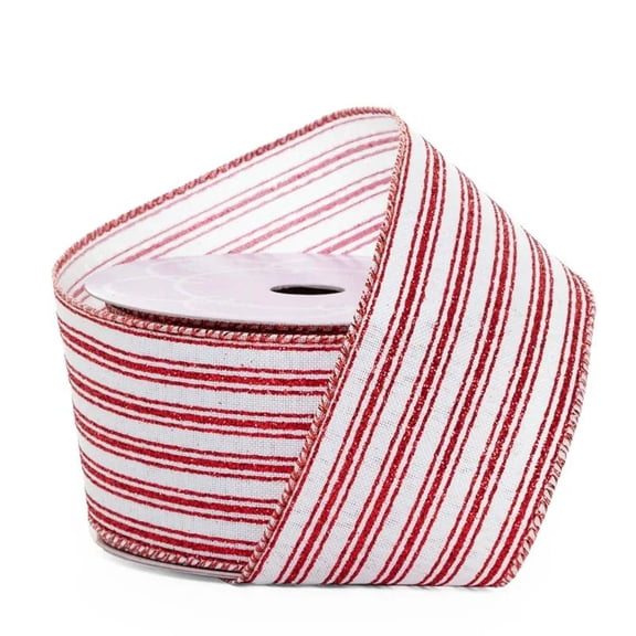 Red and White Tri-Striped Wired Ribbon With Glitter Accents - 2 1/2 Inches Wide x 10 Yards (56109409) - Red Ribbons, Striped Gift Wrap Ribbon