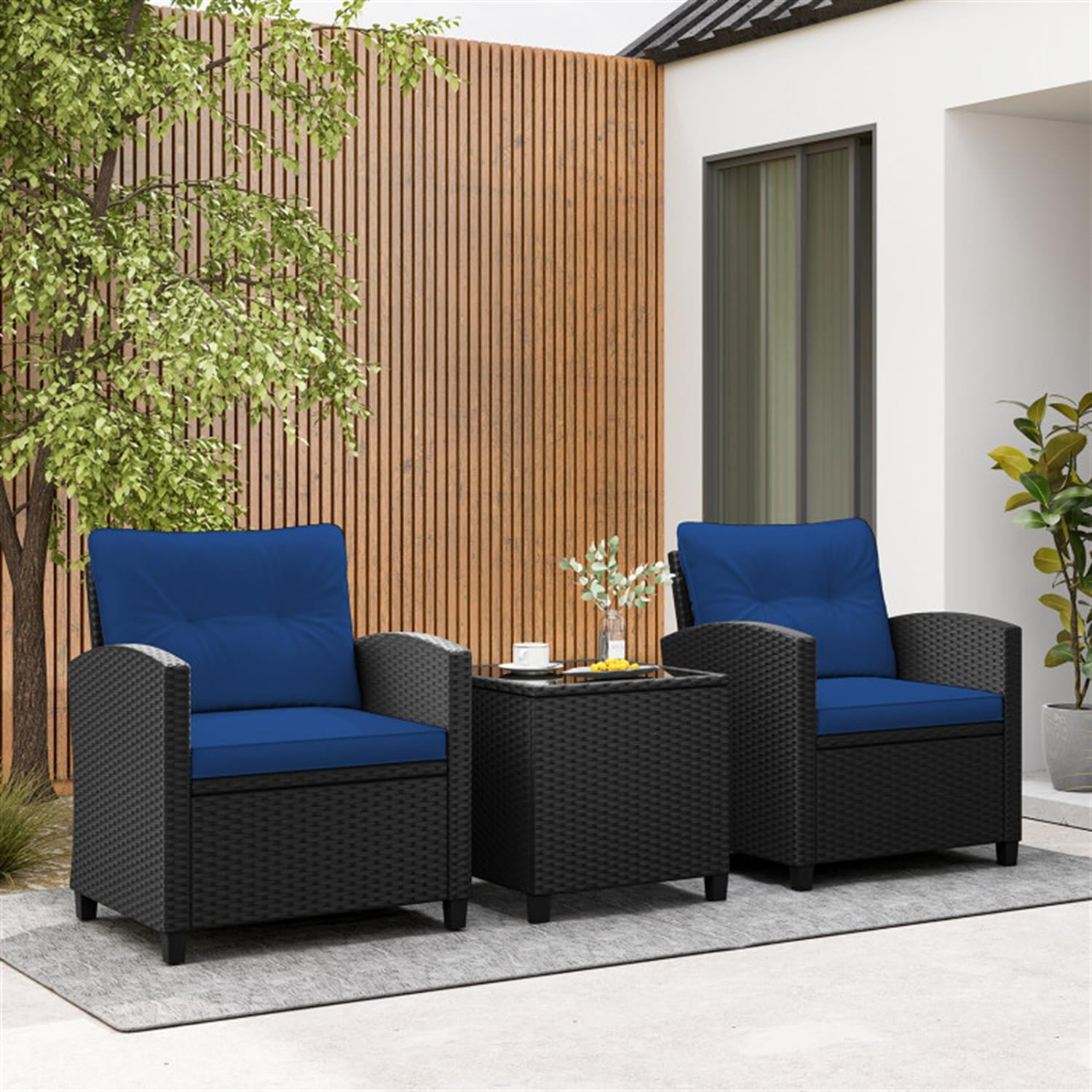 Demi Bonn 3 Pieces Rattan Patio Furniture Set with Washable Cushion, Conversation Armchairs for Garden Poolside Balcony, Navy