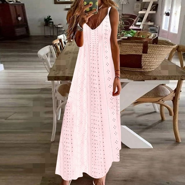 EQWLJWE Robes à Œillets pour Femmes 2024 Été Décontracté, Robes à Bretelles Spaghetti pour Femmes Florales, Robes Maxi Portefeuille pour Femmes Boho à Œillets Robe de Vacances Unie, Robe Maxi Longue Sans Manches à Col en V pour Femmes