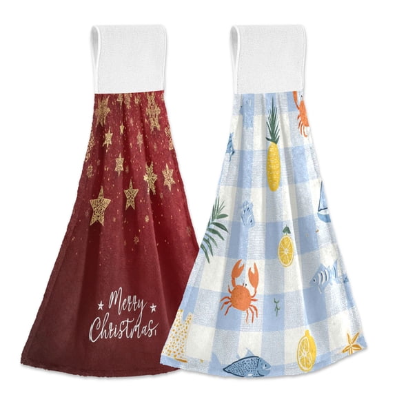 IAUYY Kitchen Hanging Towels Set of 2 100% Polyester Absorbent, Super Soft Hand Towels with Hanging Loops for Bathroom Kitchen A with Golden Star Patterns A Palm Tree with Lemons