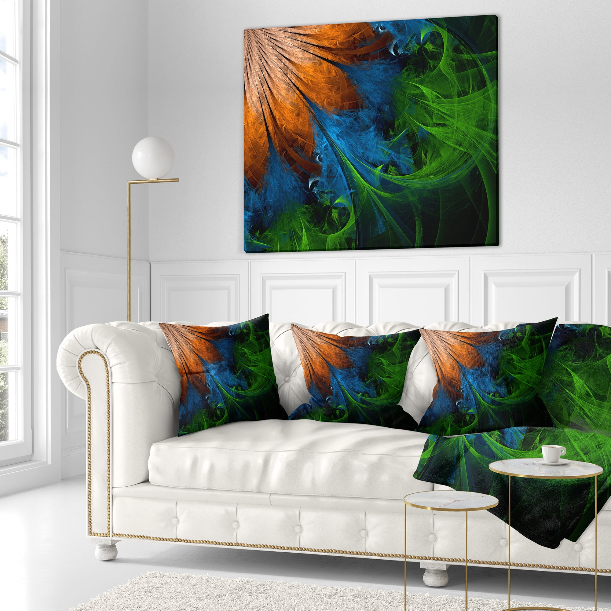 Designart Fractal Flower Orange and Blue - Floral Throw Pillow - 16x16