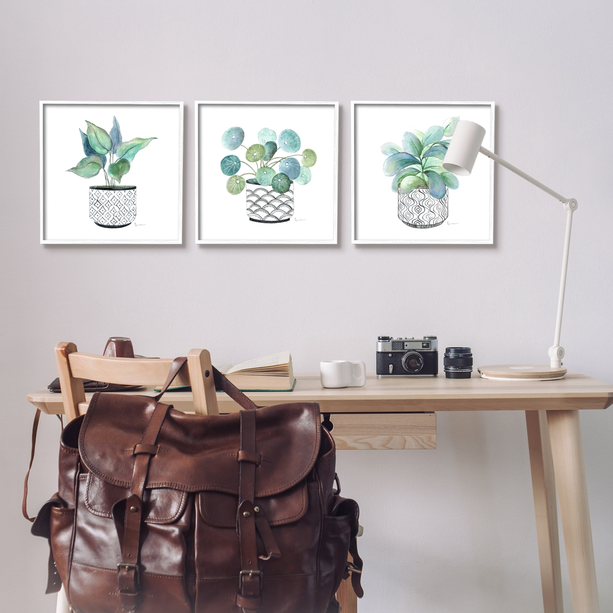 Stupell Industries Patterned Planter Vase Lush Blooming Green Leaves Graphic Art White Framed Art Print Wall Art, Set of 3, Design by Tava Studios